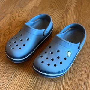 Boys CROCS size 13 Gray with blue and white stripe
